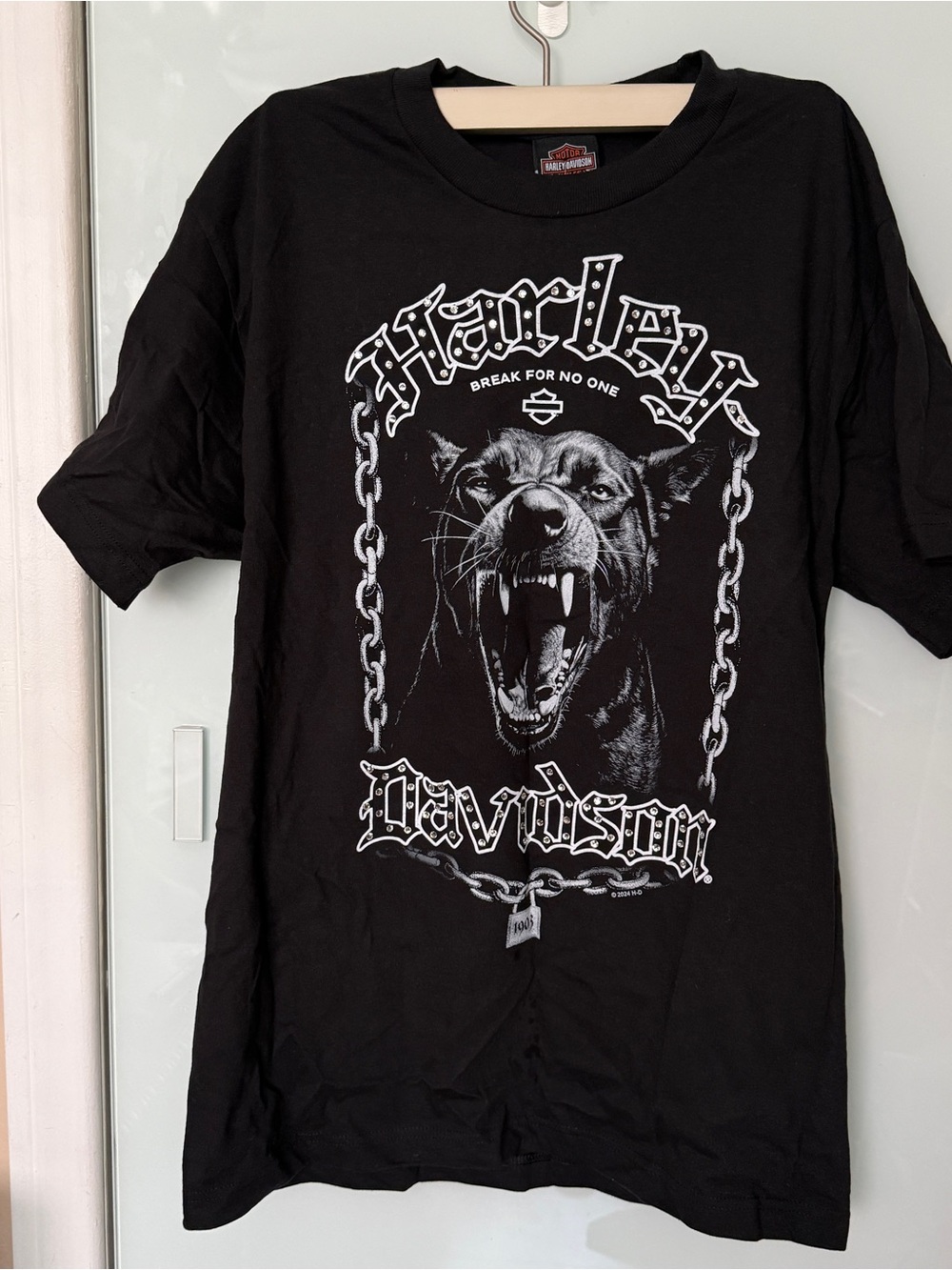 New York Harley-Davidson Black Tee with White Fierce Dog Graphic
